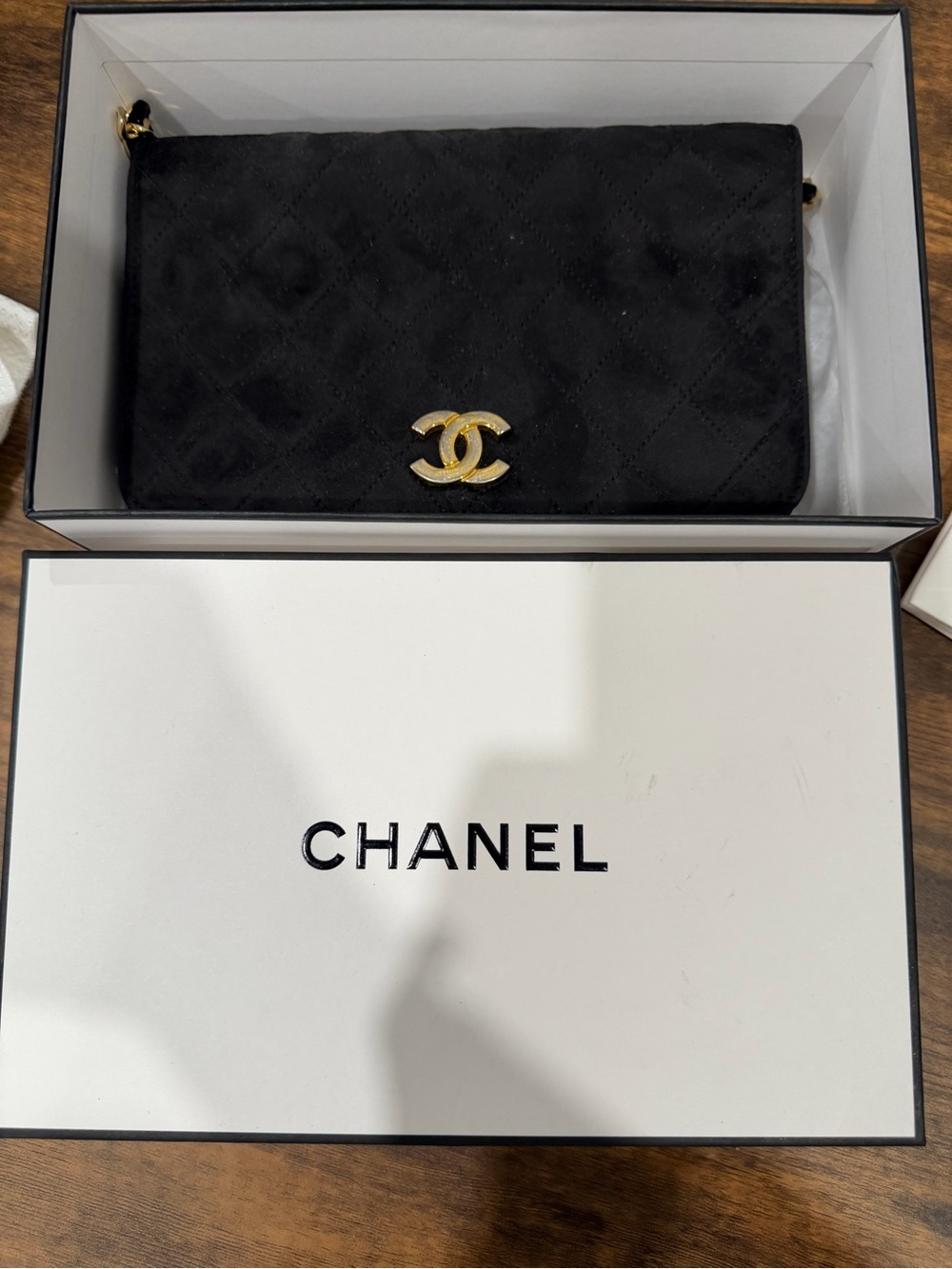 CHANEL Black Quilted Suede Chain Crossbody with Gold Hardware - Picture 8 of 8